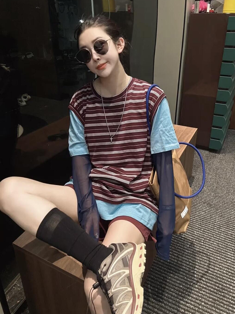 原版正品时尚休闲条纹拼接t恤女