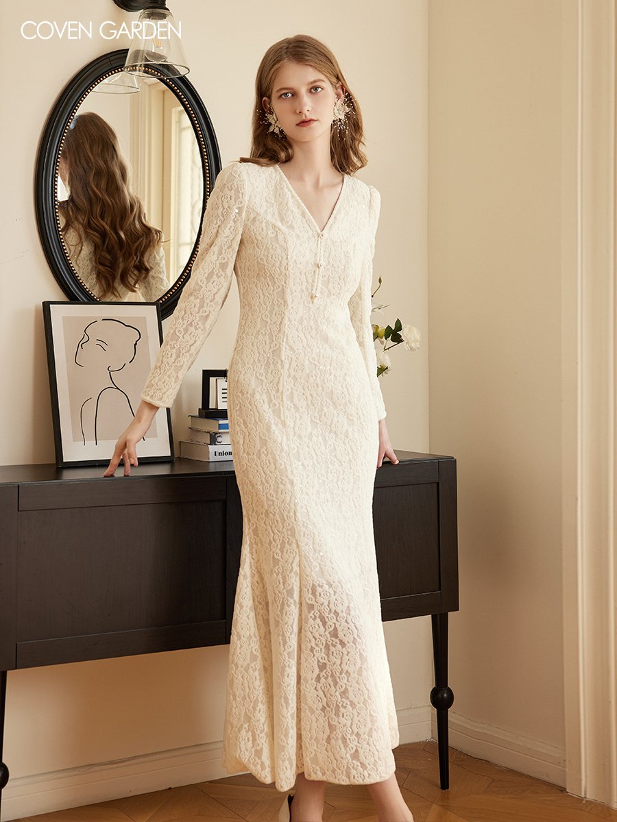 毛感蕾丝V领鱼尾裙连衣裙