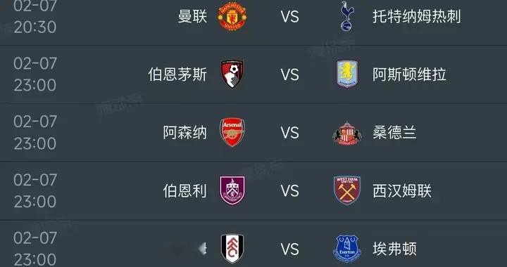 英超第25轮明天2月7日赛程：曼联PK热刺，阿森纳PK桑德兰
