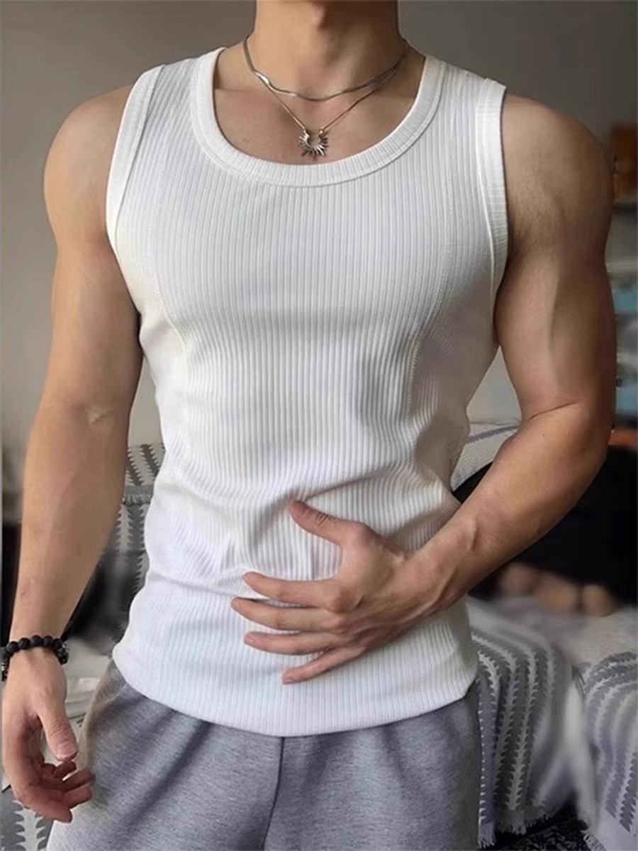 白色粗螺纹健身背心男款夏季修身显肌肉无袖