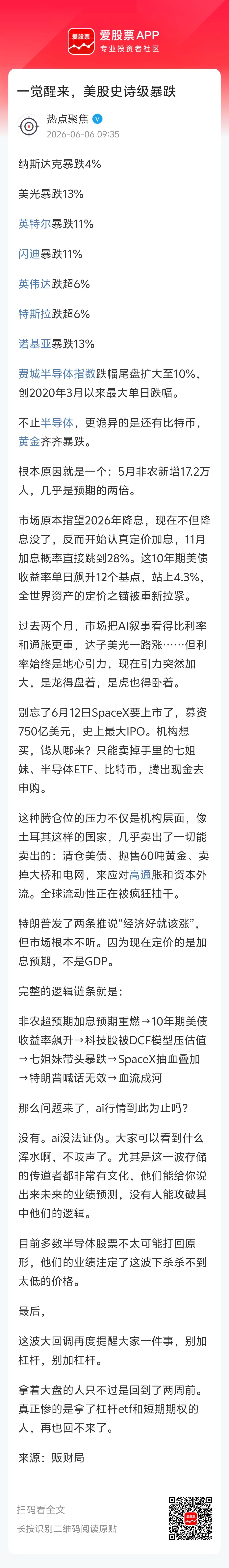 昨晚美股暴跌！事后诸葛亮的分析是这样的：非农超预期加息预期重燃→10年...