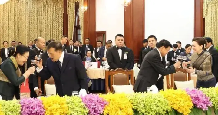 泰王夫妇出席老挝欢迎宴！玛哈穿深蓝色西服尽显绅士，还戴着孝袖