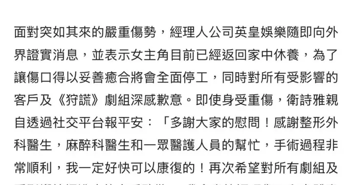知名女演员卫诗雅突发意外重伤，缝合超50针全面停工，丈夫紧急联络整形医生