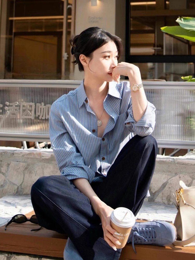 韩系蓝色条纹polo领开衫衬衣春秋女上衣