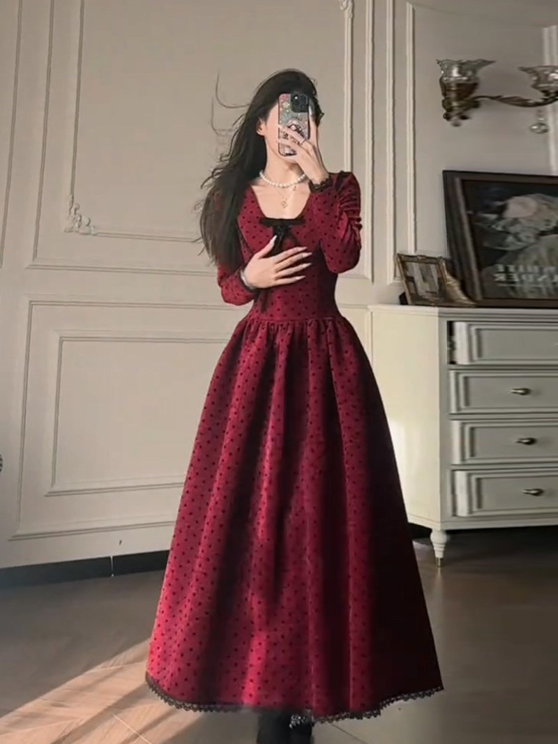 气质女神范结婚订婚礼服红色收腰显瘦连衣裙