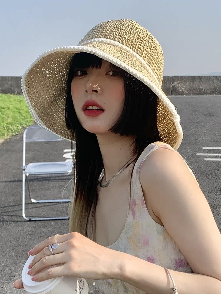 夏天可折叠珍珠防紫外线大帽檐防晒遮阳草帽