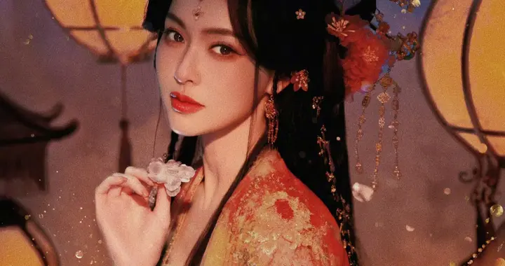 唐嫣端古风大片，红衣造型搭配灯笼元素，尽显东方韵味与神秘浪漫