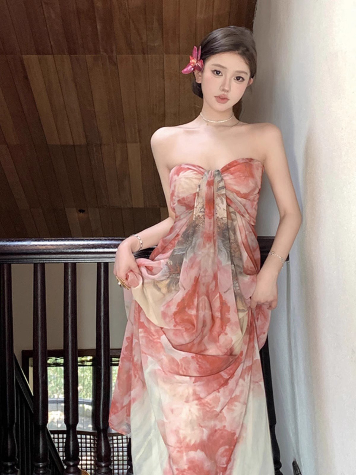 法式绝美繁花扎染抹胸吊带连衣裙女高级感
