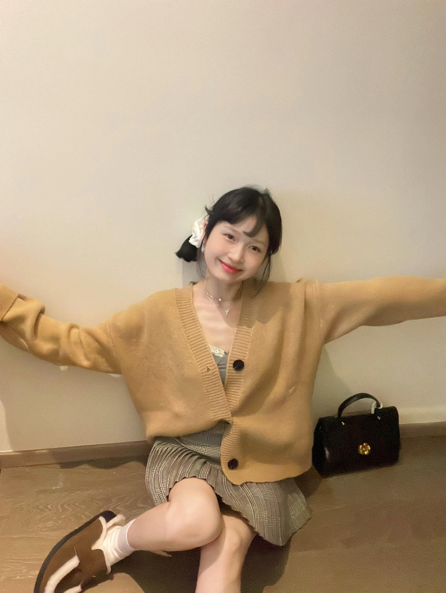 韩系早秋学院风穿搭一整套毛衣半身连衣裙