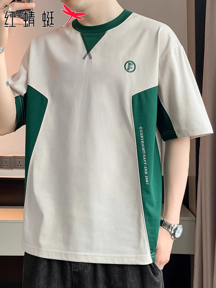 红蜻蜓拼接短袖t恤男士夏季潮流时尚体恤男