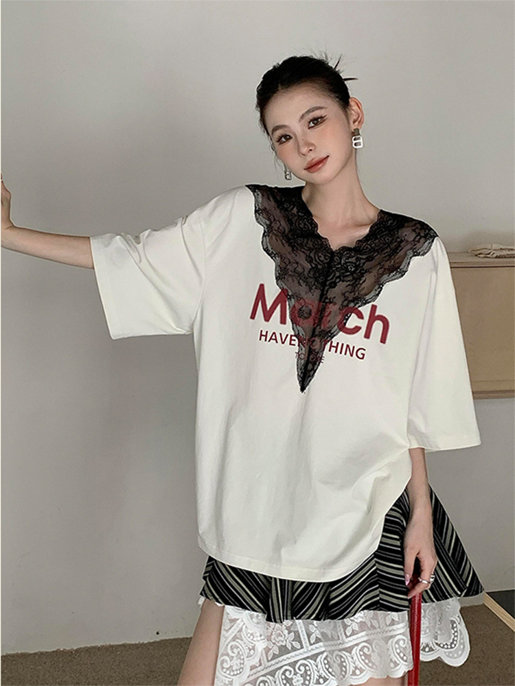 宽松慵懒风蕾丝拼接白色T恤女夏