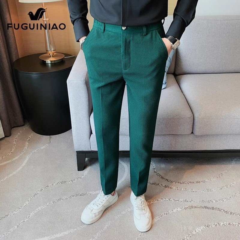 华夫格休闲裤男士春季西裤修身小脚长裤子男