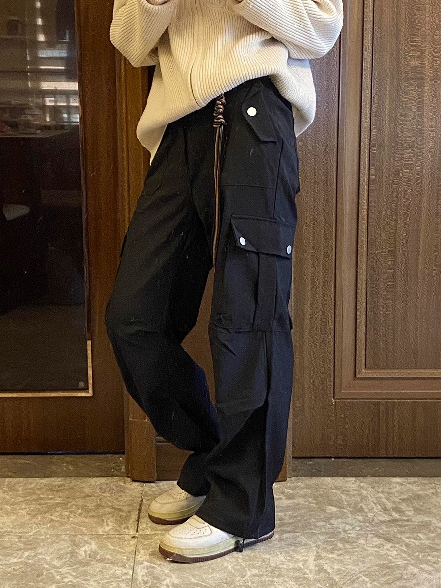 黑色多口袋工装裤男款春季美式高街痞帅直筒