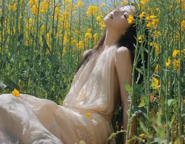 中年姐姐：油菜花田中的优雅时光