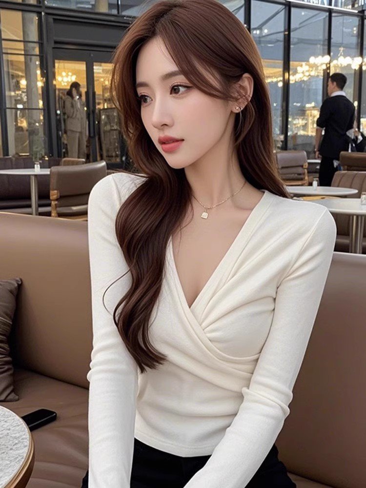 法式白色交叉v领长袖t恤内搭女春秋季高腰