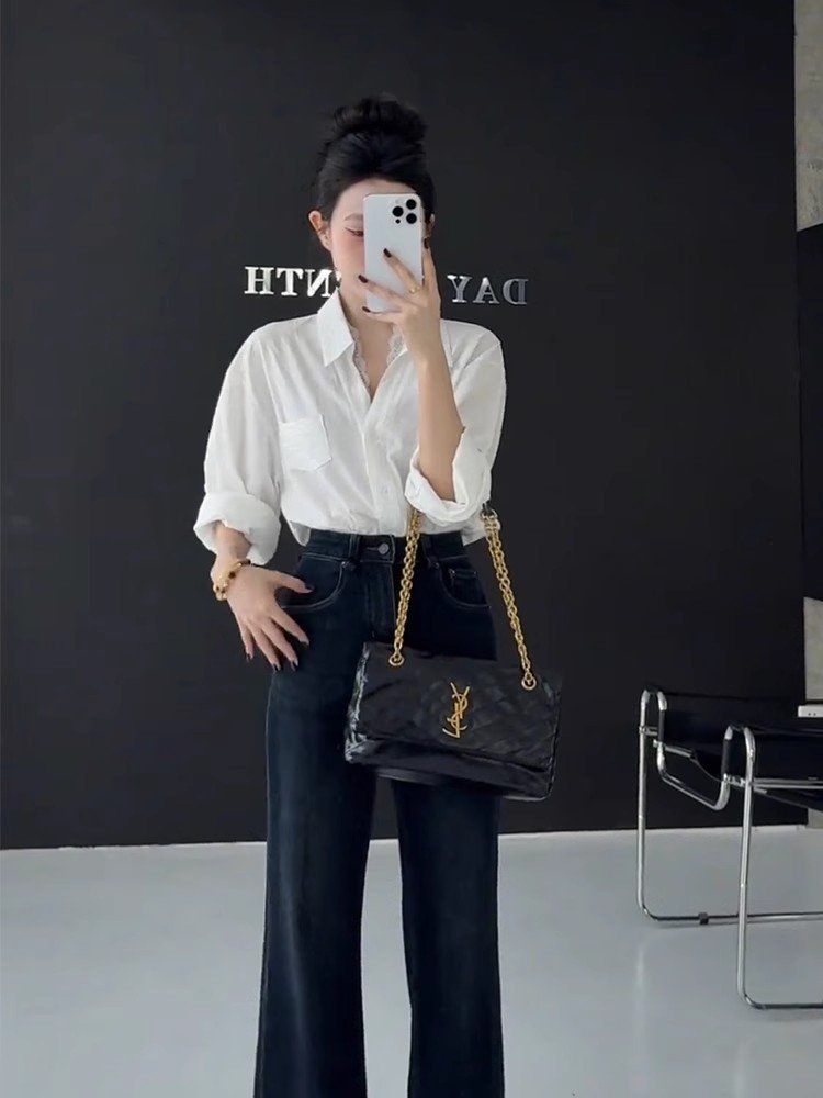韩系白色天丝POLO衫长袖衬衫女夏季外搭