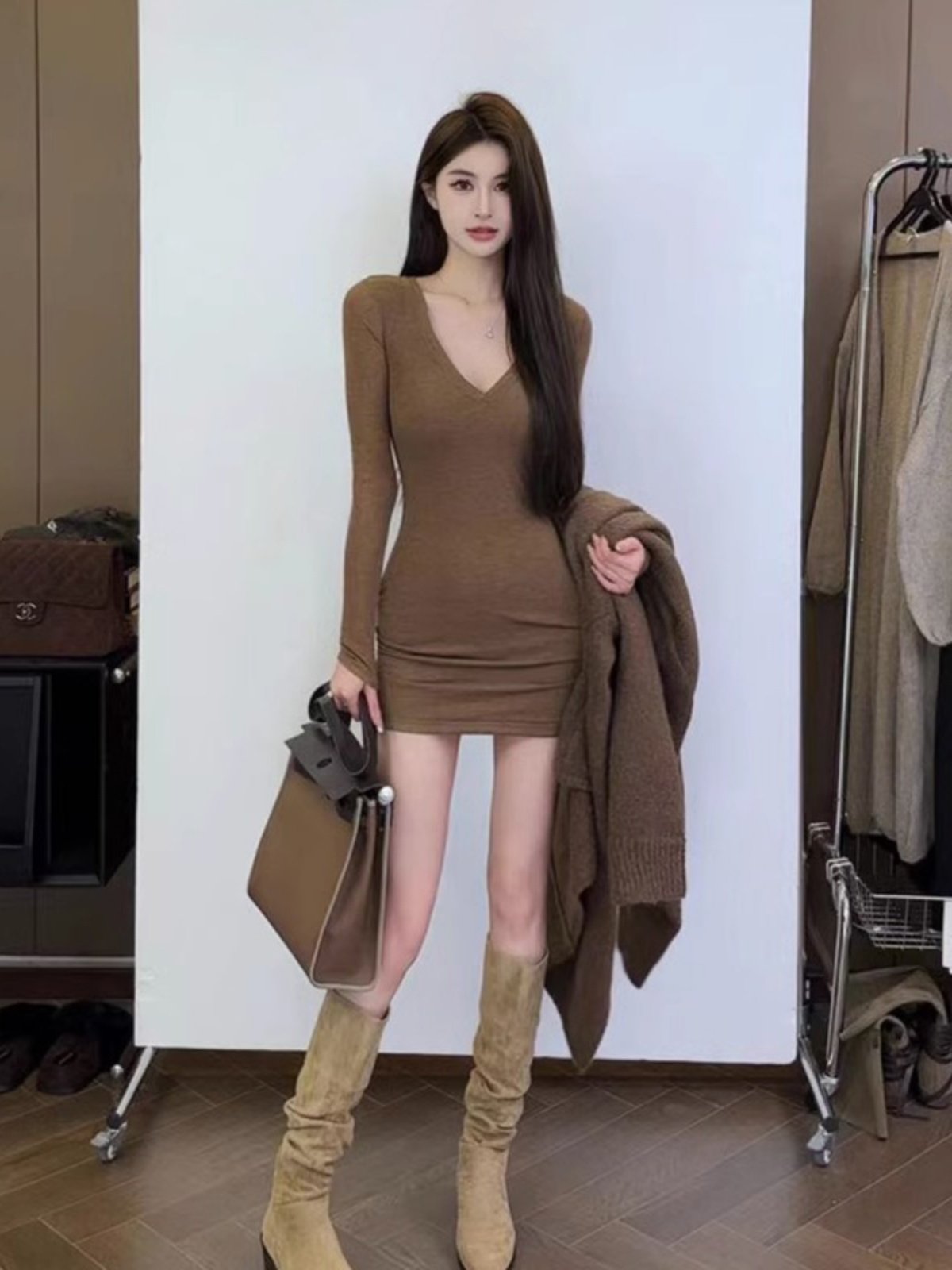 纯欲性感v领长袖连衣裙女秋装