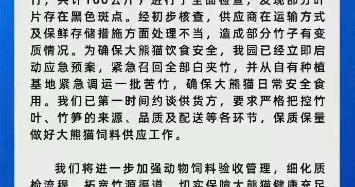 重庆动物园连夜通报熊猫竹子发黑：是供应商掉链子，毛孩子没吃坏