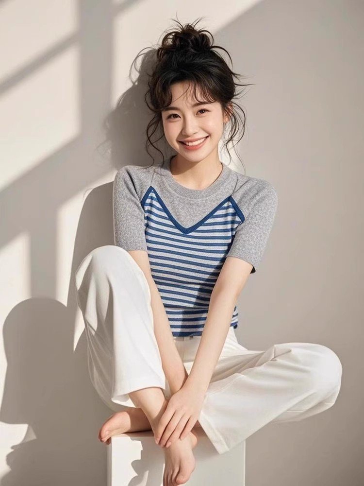 韩系灰色假两件圆领正肩短袖t恤女夏季甜辣