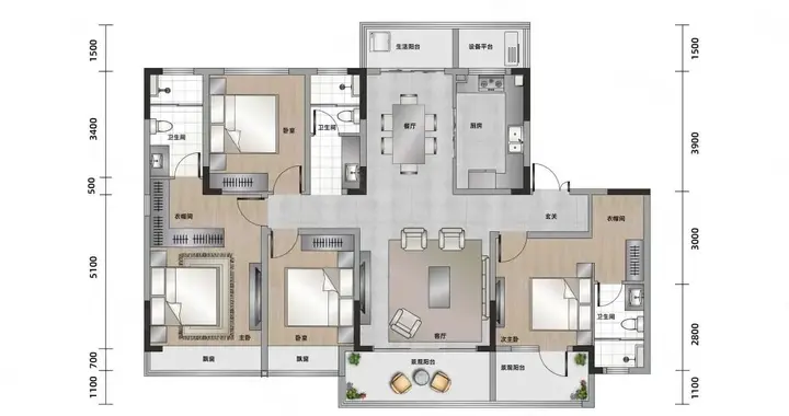 163.91㎡四室三卫双衣帽间：全明通透改善户型