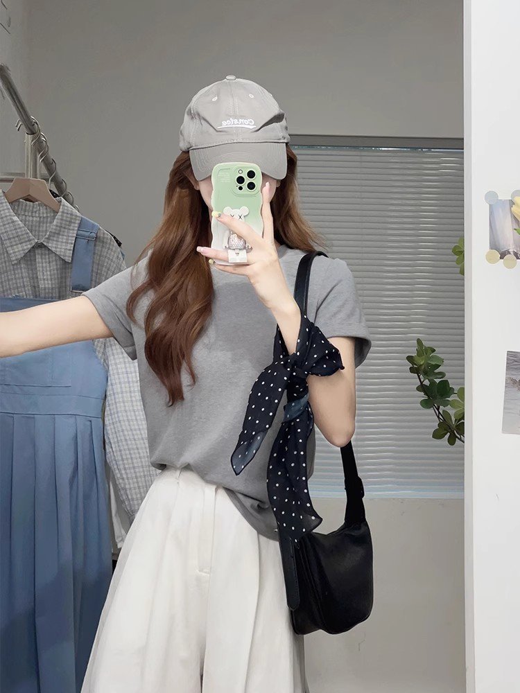 设计感灰色短袖正肩t恤女夏季小个子独特别