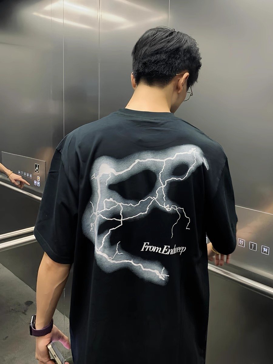 黑色闪电印花短袖男夏季少年感小领口半袖t