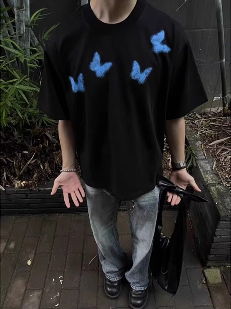 黑色重磅短袖男款夏季蓝色蝴蝶印花上衣cl