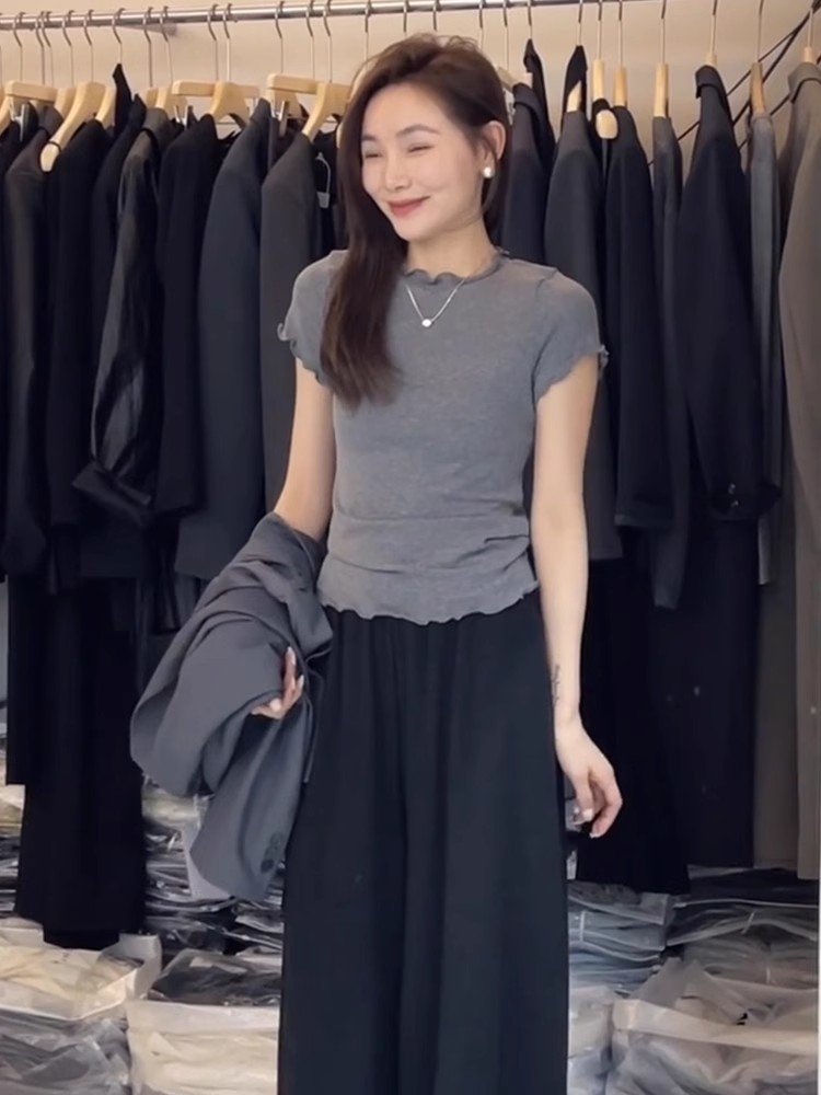 小个子灰色木耳边短款修身短袖t恤女夏季设