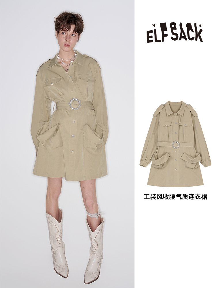 工装风收腰气质连衣裙