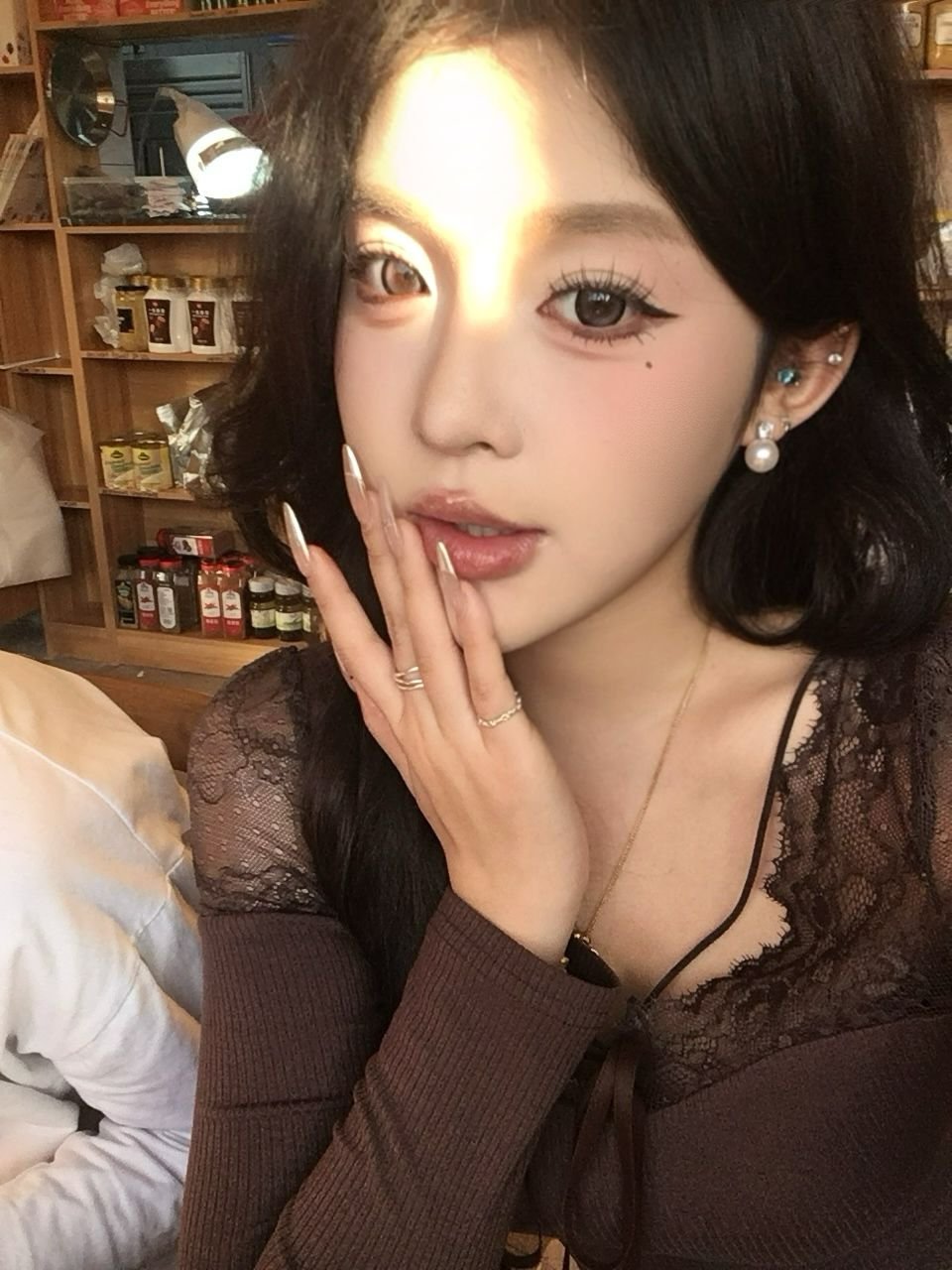 纯欲内搭黑色蕾丝v领长袖针织衫女春秋季修