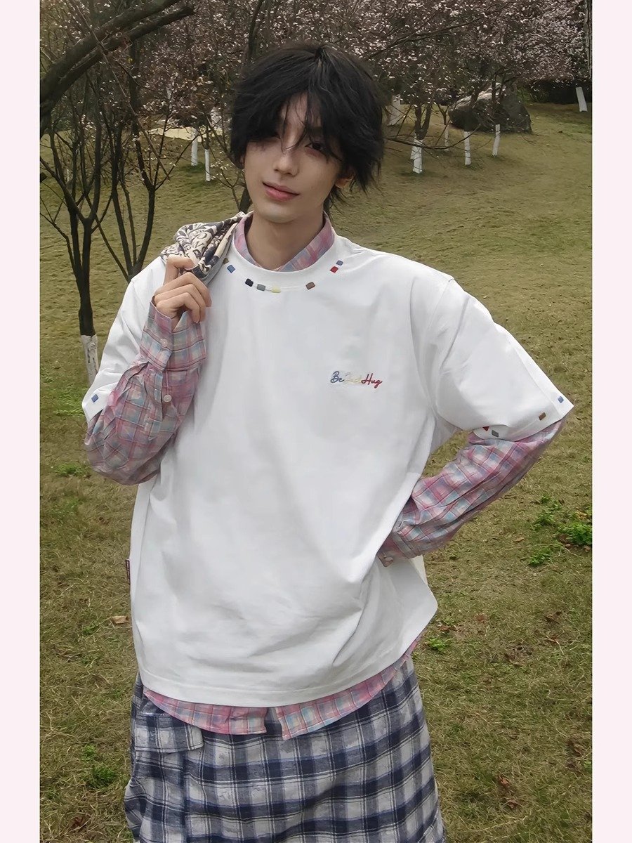 小领口彩绣t恤男夏季青少年酷帅叠穿短袖c