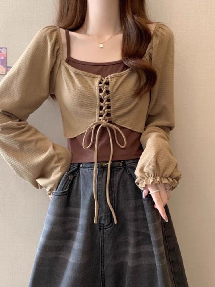 卡其色假两件长袖t恤女早秋美拉德穿搭小个