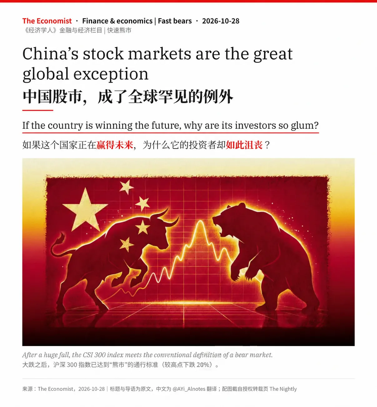 《经济学人》刊文：“中国股市，全球罕见的例外”。