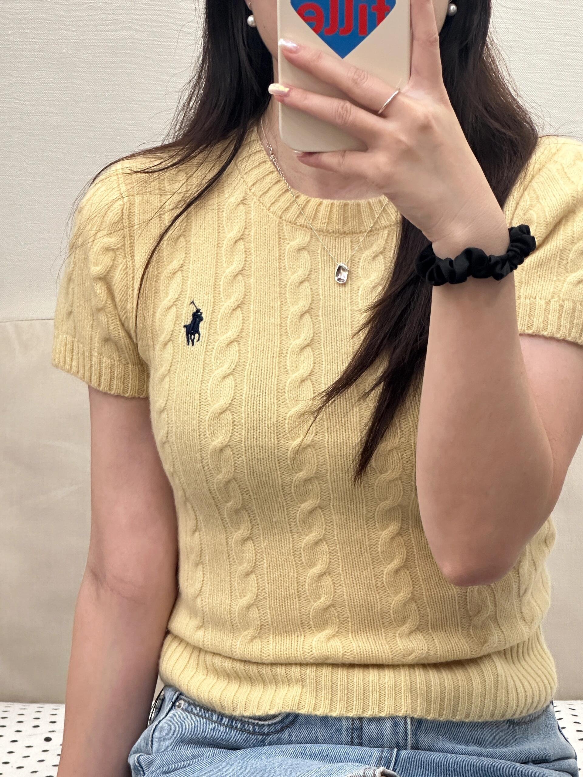 韩系黄色冰丝麻花刺绣短袖正肩t恤女夏季小