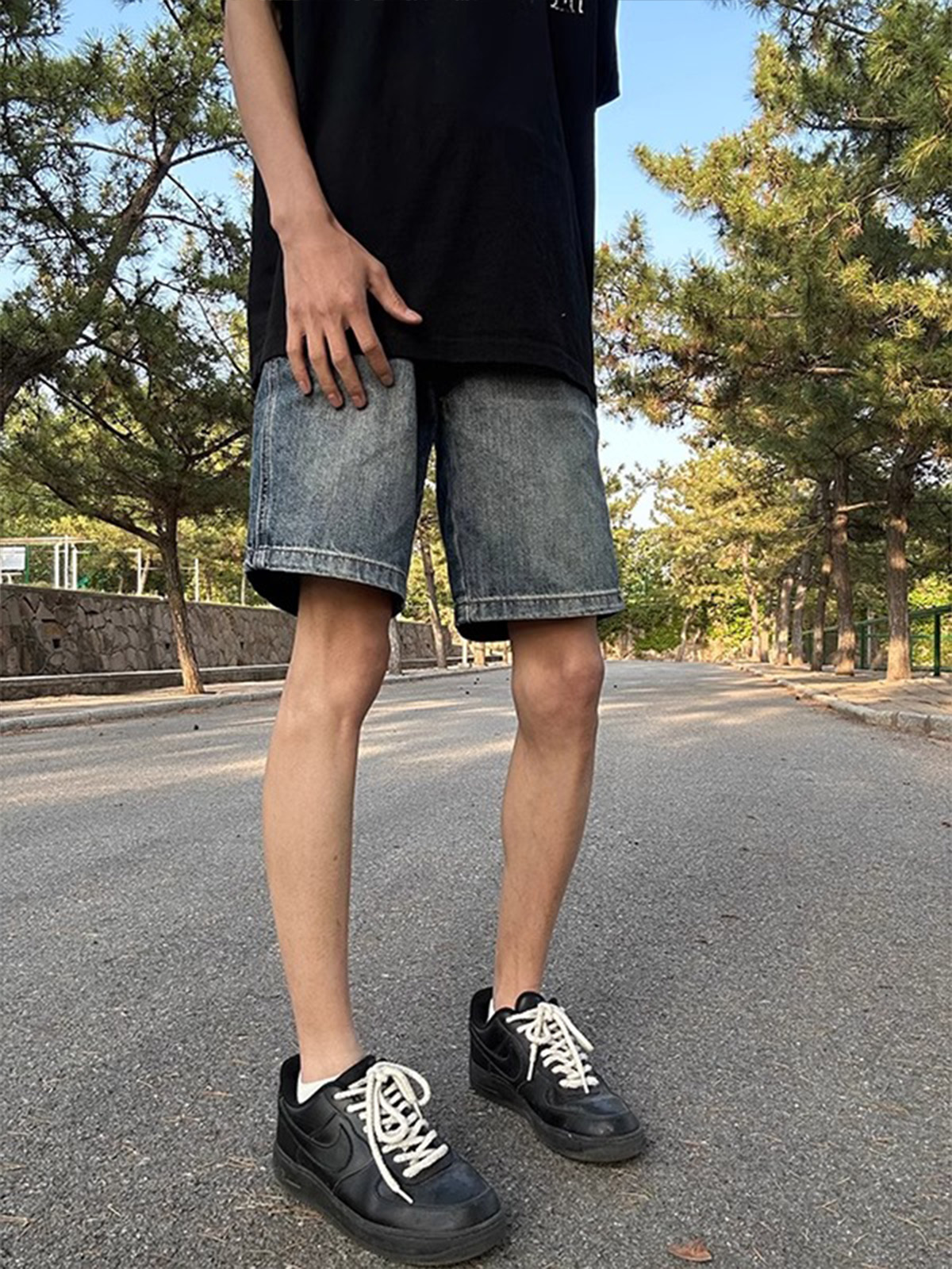 水洗做旧蓝色男士牛仔短裤夏季美式复古男装