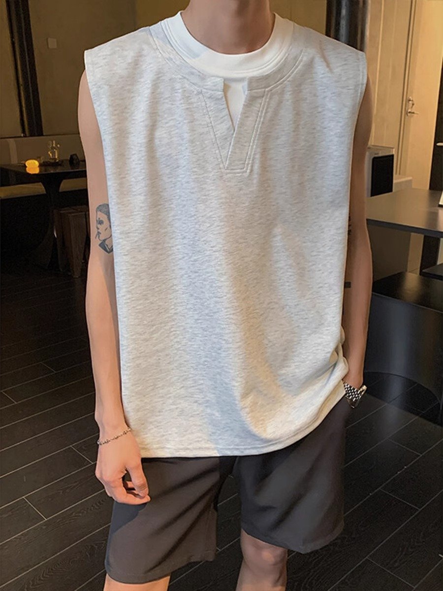 花灰色假两件v领背心男夏季高级感痞帅小领