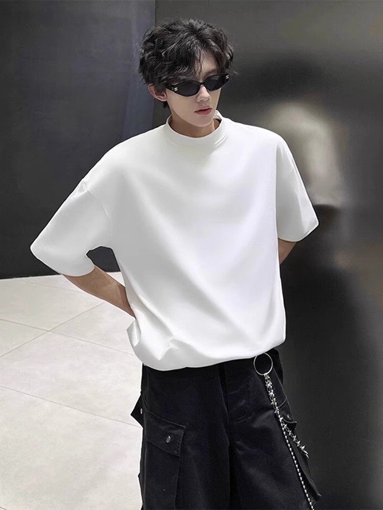 白色半高领短袖男款夏季高级感正肩t恤cl