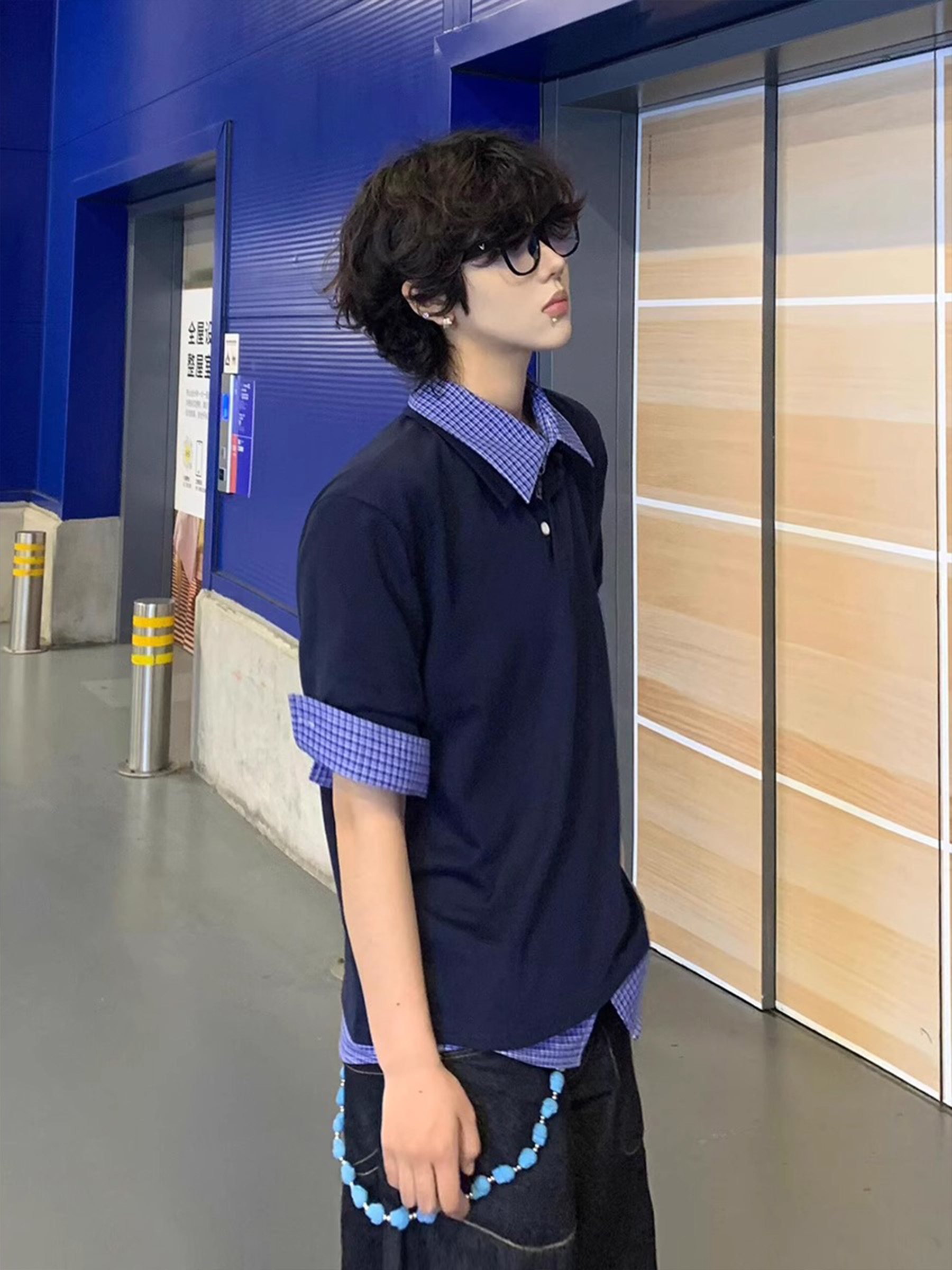 藏青色格子拼接polo衫短袖男生夏季美式