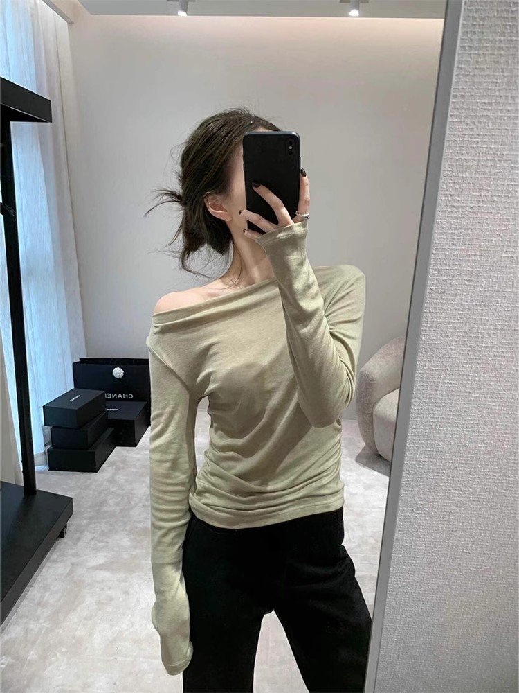 2025春季新款斜肩型绿色独特漂亮内搭上