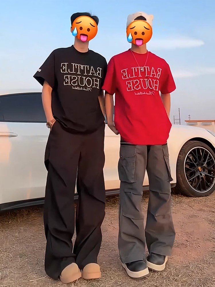 亿万少年bufu立体钉珠字母刺绣t恤男夏