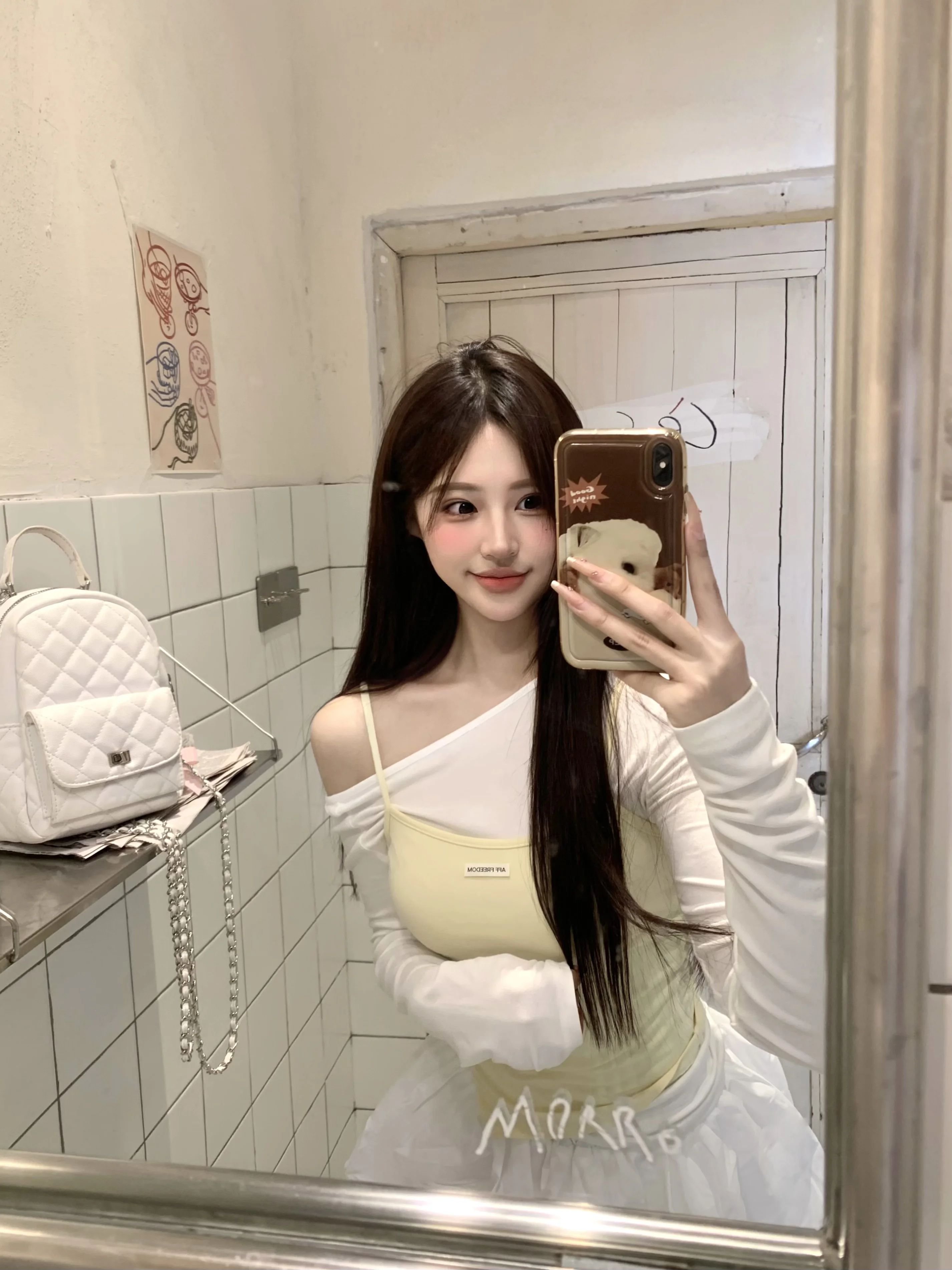 美式辣妹白色斜肩长袖t恤女春秋季修身打底