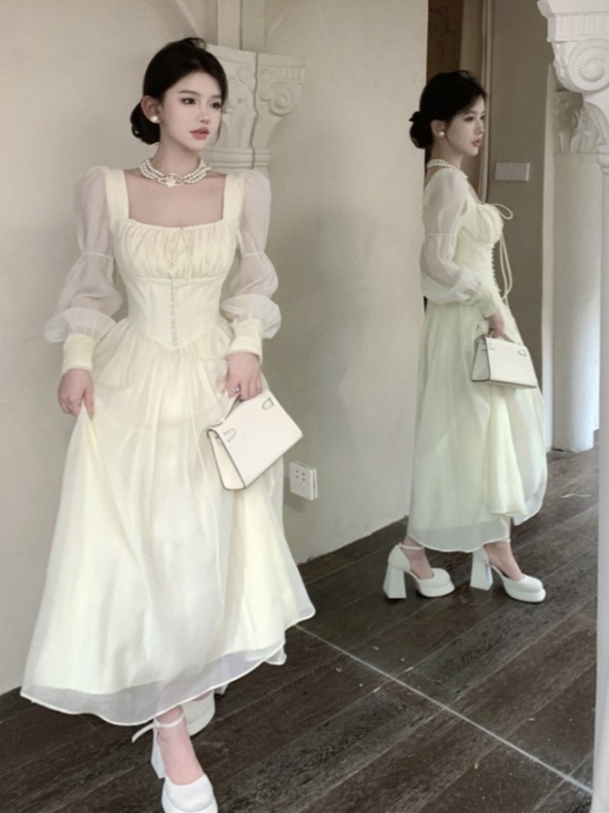 法式气质雪纺方领长袖连衣裙女早秋季