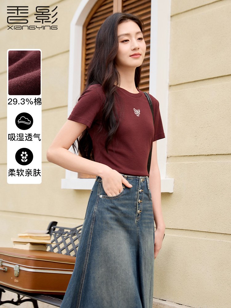 香影安可拉红蝴蝶刺绣正肩t恤女短袖