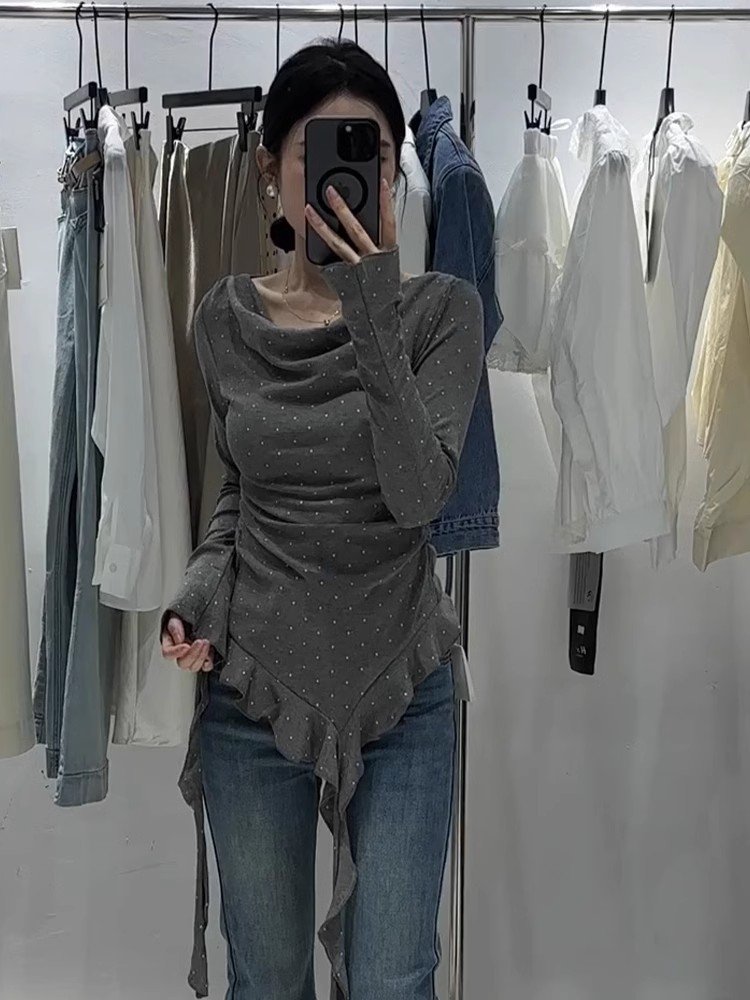 法式灰色波点荡领不规则飘带单穿上衣女春秋