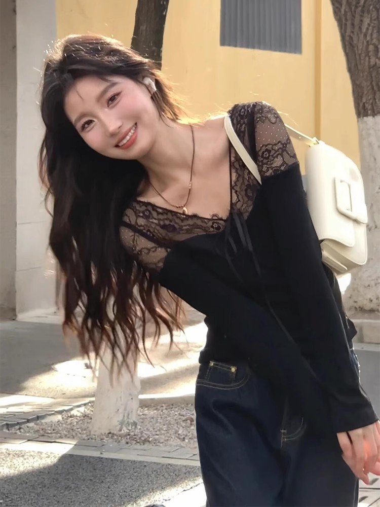 纯欲内搭黑色蕾丝v领微透长袖t恤女早春季