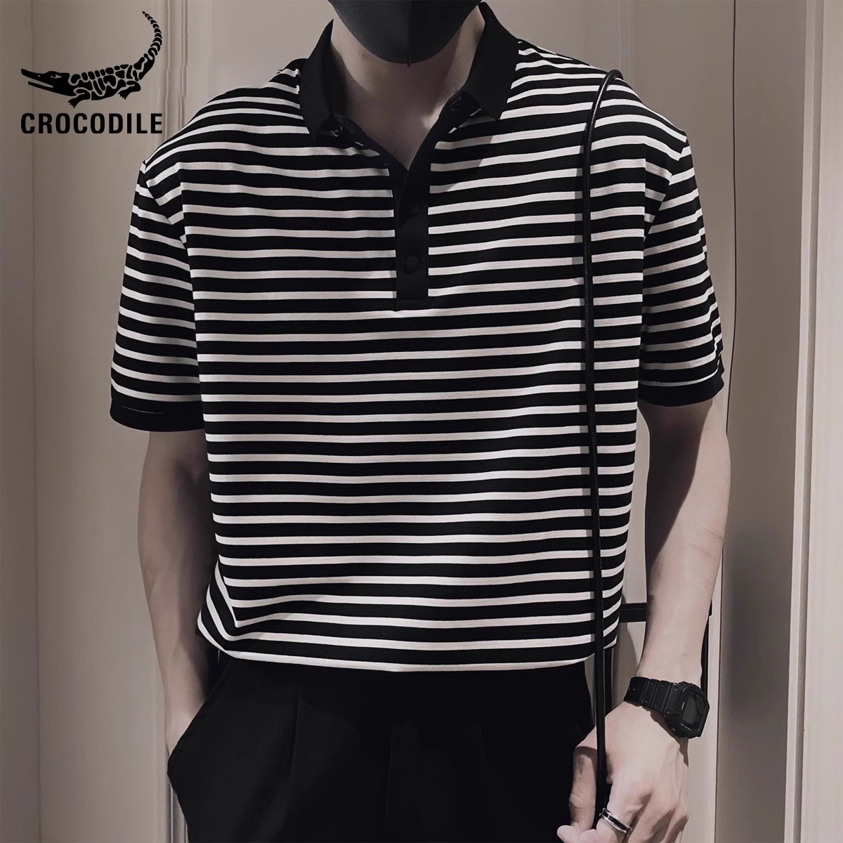 鳄鱼恤黑白条纹t恤痞帅Polo衫男