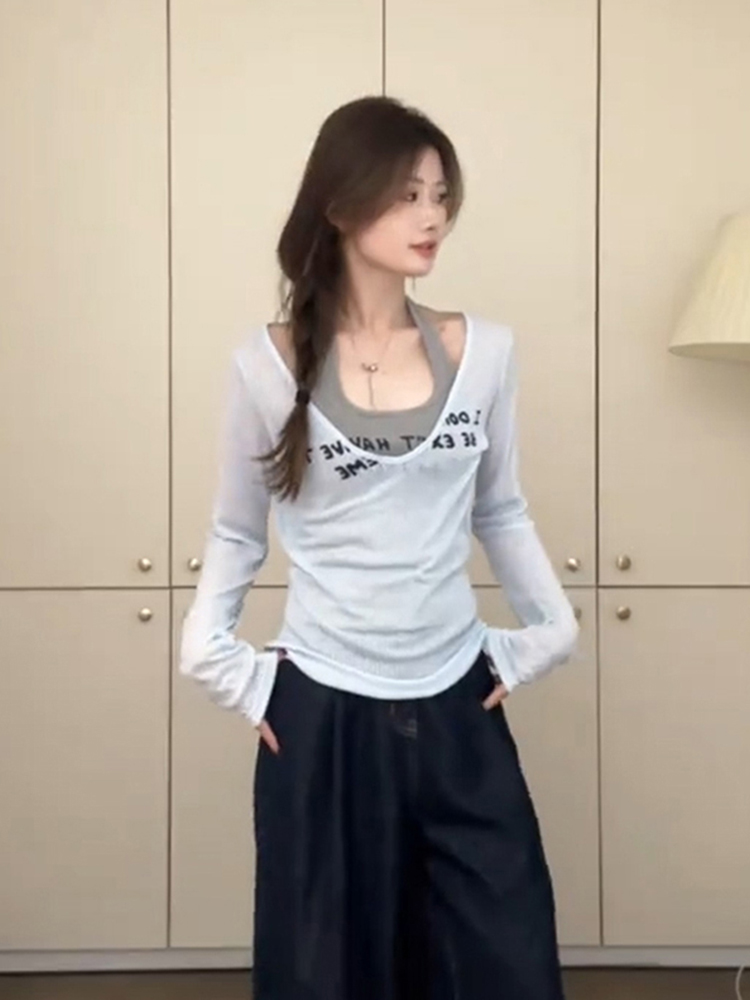 小众不撞款上衣美式复古休闲u领白色t恤女