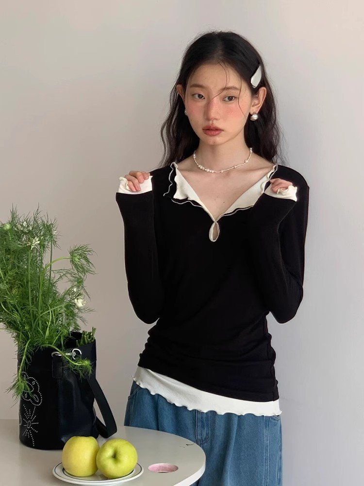 黑色木耳边针织衫上衣女春秋小个子内搭打底