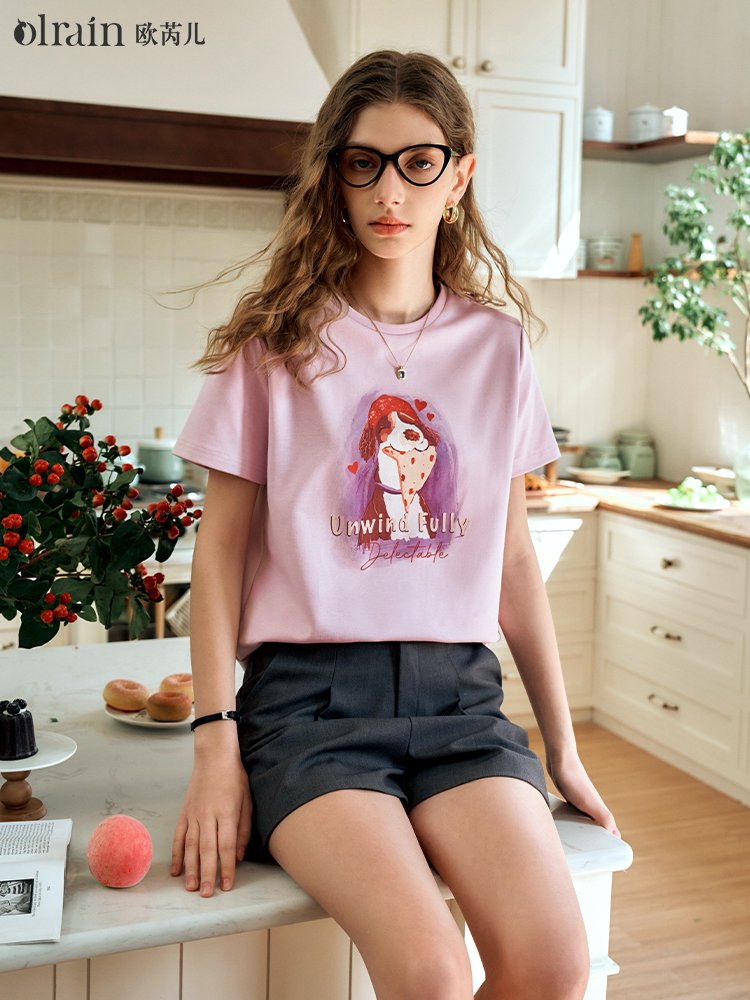 风信紫休闲减龄趣味印花短袖T恤