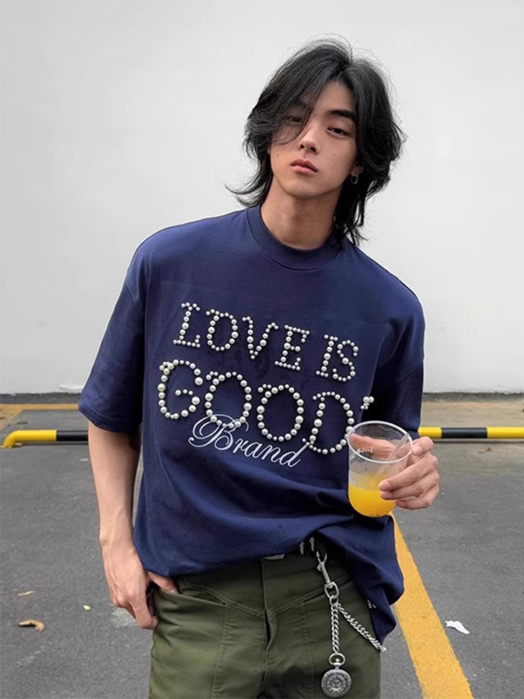 蓝色珍珠标语重磅短袖男夏季设计感正肩半袖